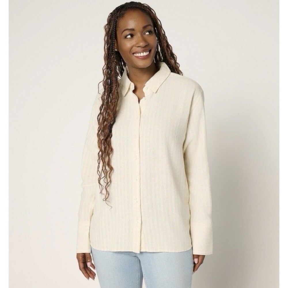 Peace Love World Women's Top Sz XS Boheme Linen Blend French Cuff White A691698